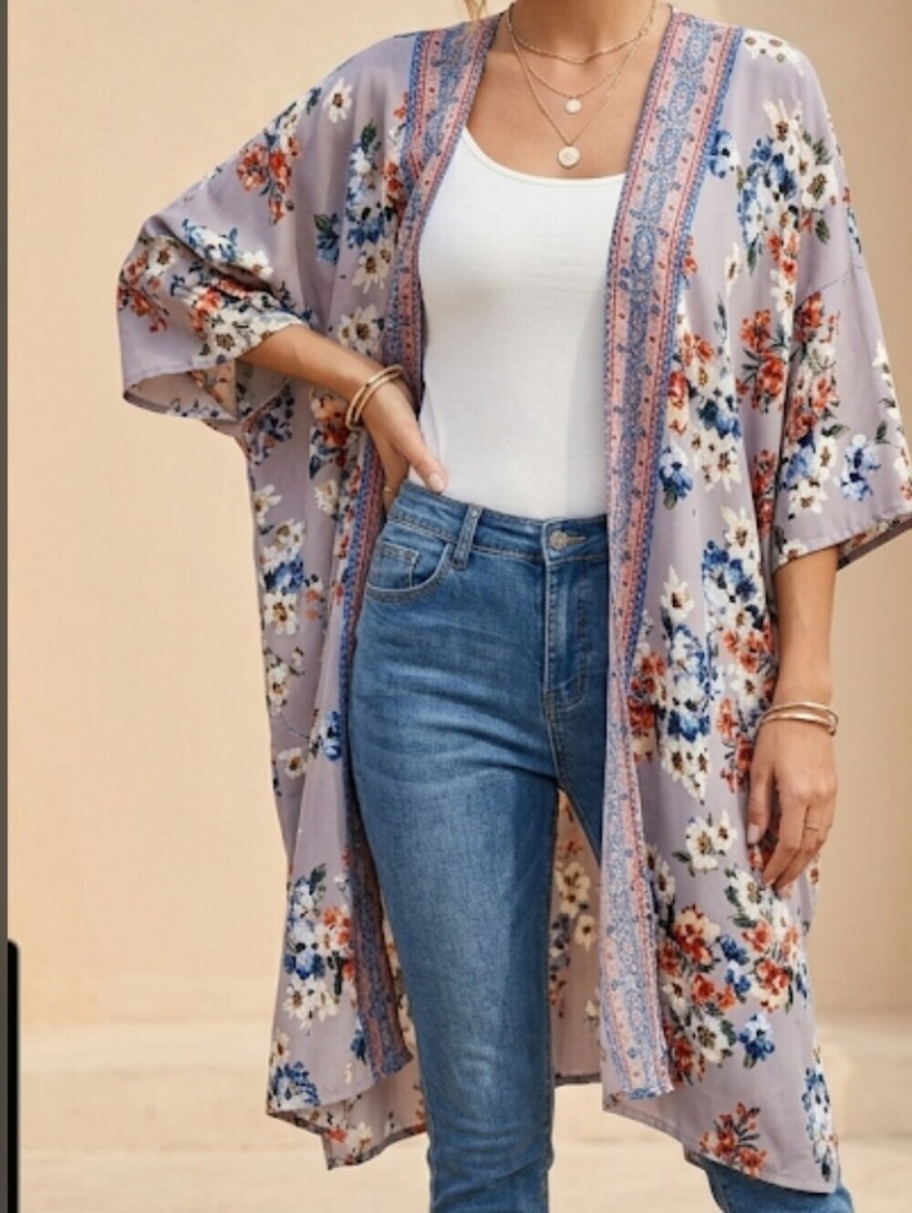 Angie Floral Kimono Duster Cardigan M Gray Blue Bohemian Open Front